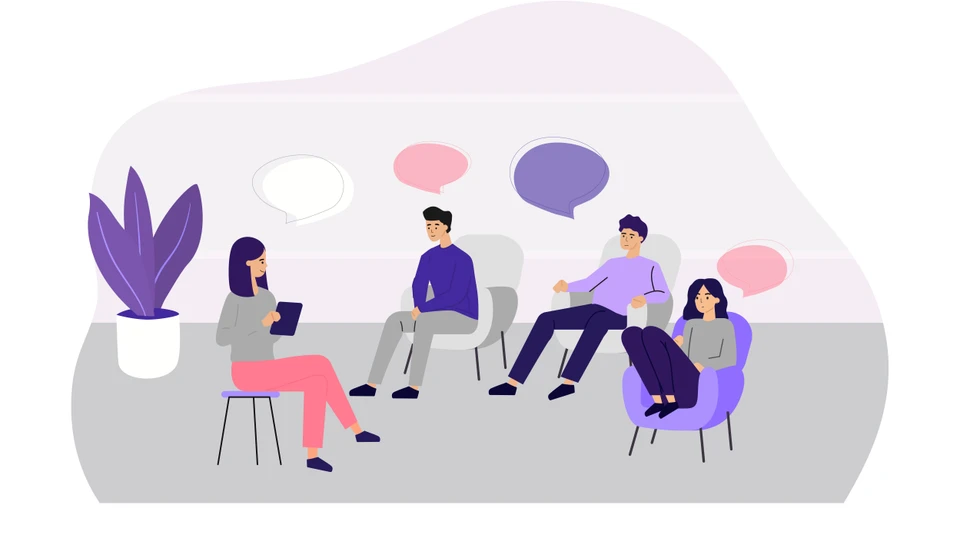 Grafik af 4 mennesker i dialog