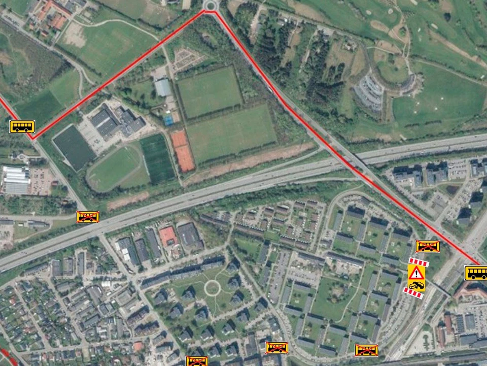 Kort over den ændrede busrute for de to berørte buslinjer.