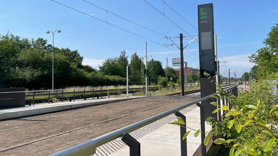 Et kig ind på letbanesporet, hvor der er nylagt jord mellem skinnerne, der ligger imellem den nord- og sydgående perron.