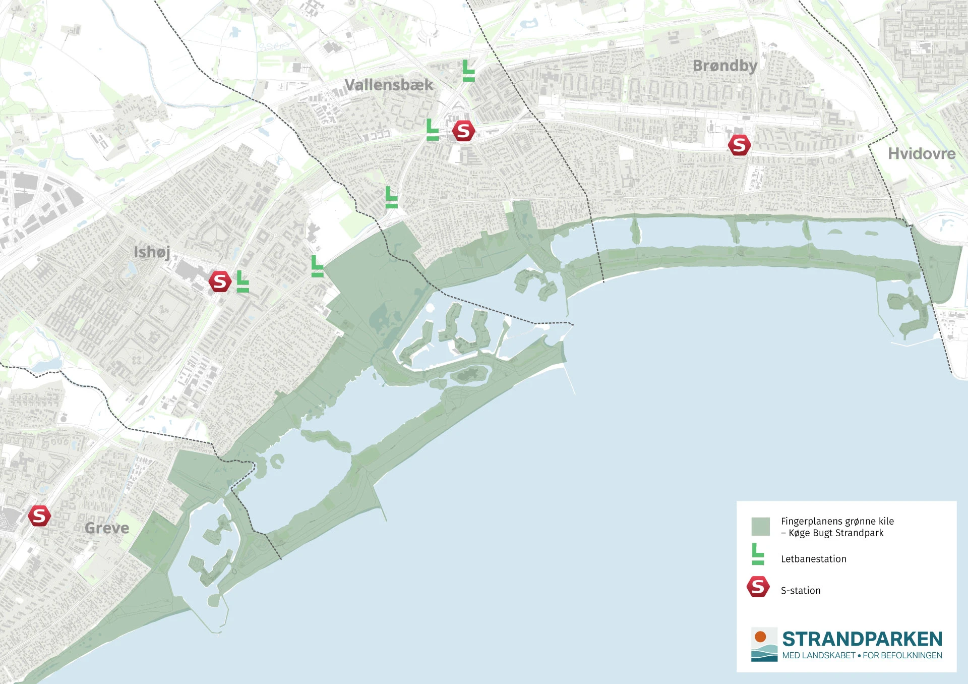 Kort over Strandparken I/S og de fem ejerkommuner, Greve, Ishøj, Vallensbæk, Brøndby og Hvidovre Kommuner