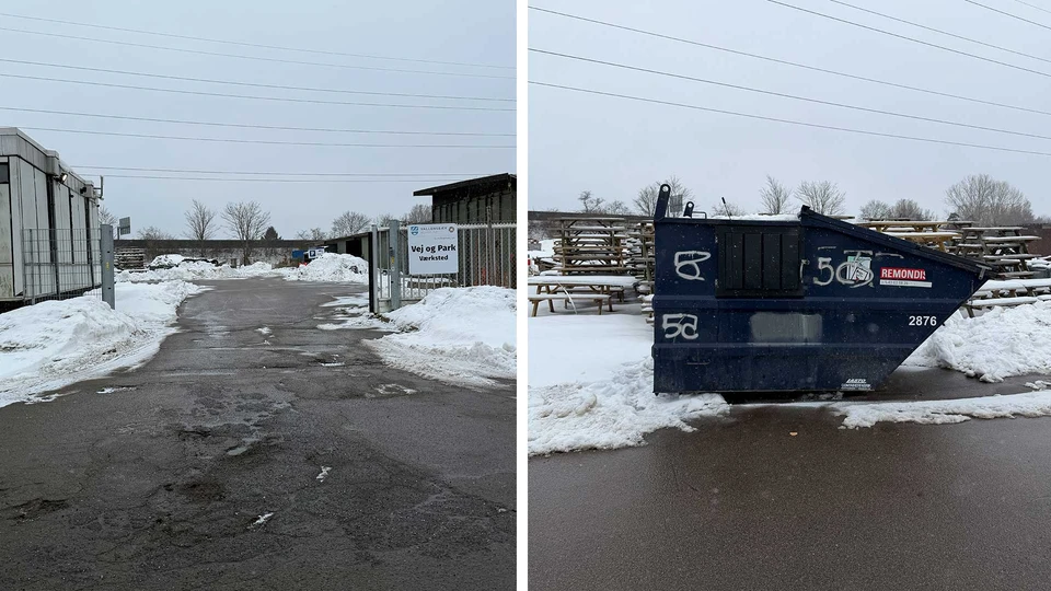 Todelt billede: T.v. porten ind til Lundbækvej 5A. T.h. Container inde på arealet Lundbækvej 5A