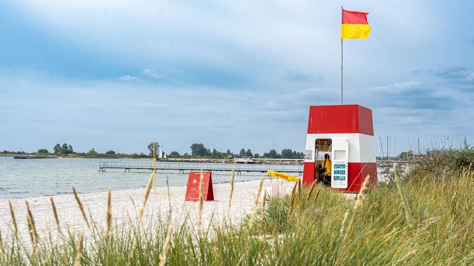 Et livreddertårn på en strand tæt på badebro og inderhavn