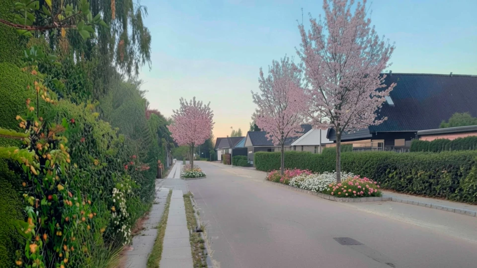 To indsnævringer på en villavej, hvor der er plantet lyserødt blomstrende træer og stauder.